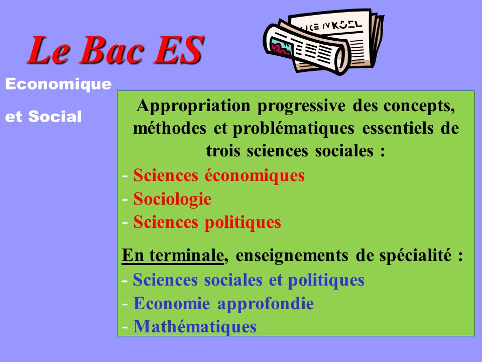 Le Bac ES Economique. et Social. Appropriation progressive des concepts, méthodes et problématiques essentiels de trois sciences sociales :