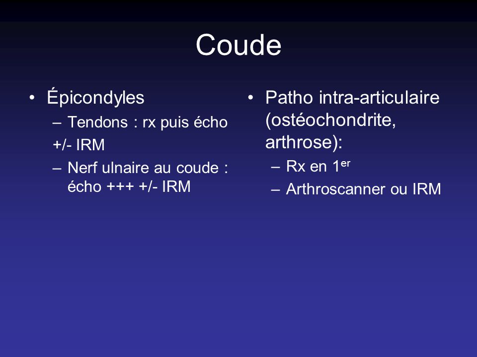 Coude Épicondyles Patho intra-articulaire (ostéochondrite, arthrose):