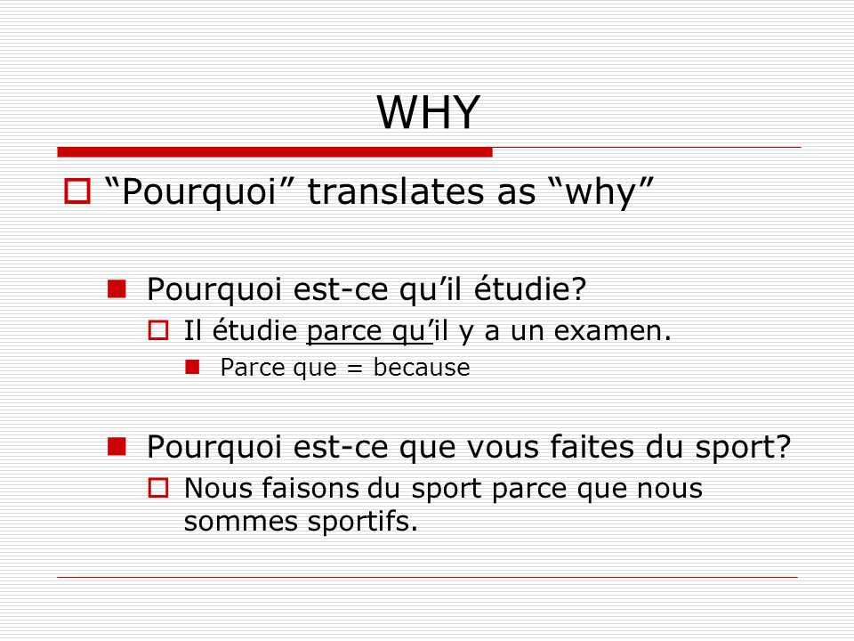 WHY Pourquoi translates as why Pourquoi est-ce qu’il étudie