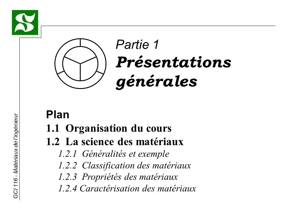 Présentations générales Partie 1 Plan 1.1 Organisation du cours