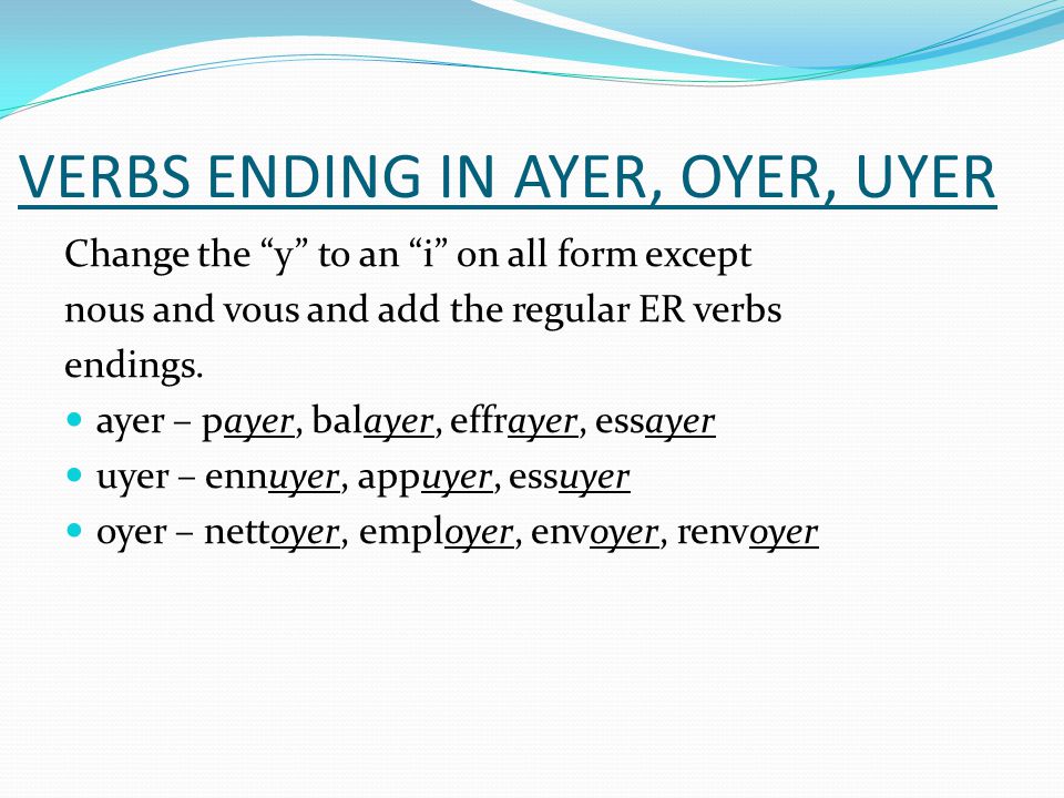 ...nous and vous and add the regular ER verbs. ayer - payer, balayer, effra...