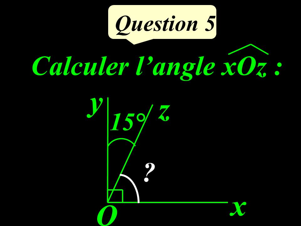 Question 5 Calculer l’angle xOz : x O y z 15°