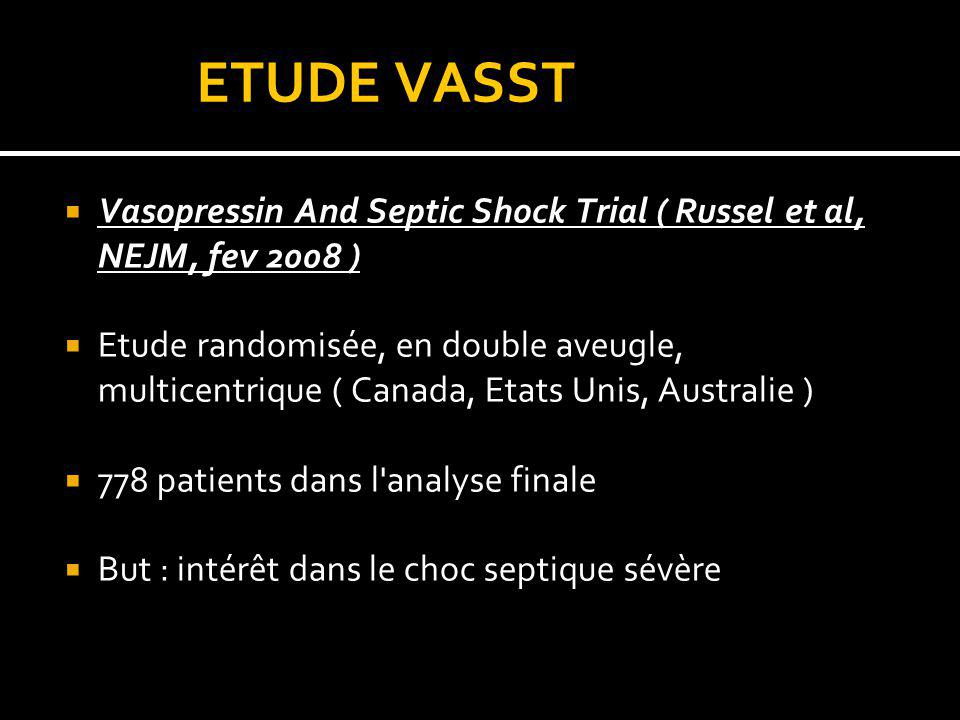 ETUDE VASST Vasopressin And Septic Shock Trial ( Russel et al, NEJM, fev 2008 )