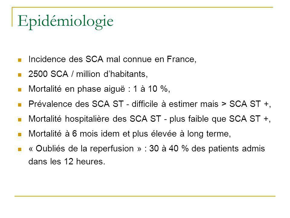 Epidémiologie Incidence des SCA mal connue en France,