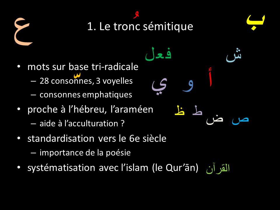 ع ّ ُ ب أ و ي فعل ش ط ظ ص ض 1. Le tronc sémitique القرآن
