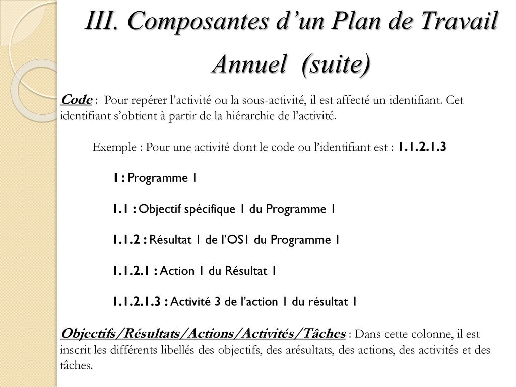 III. Composantes d’un Plan de Travail Annuel (suite)