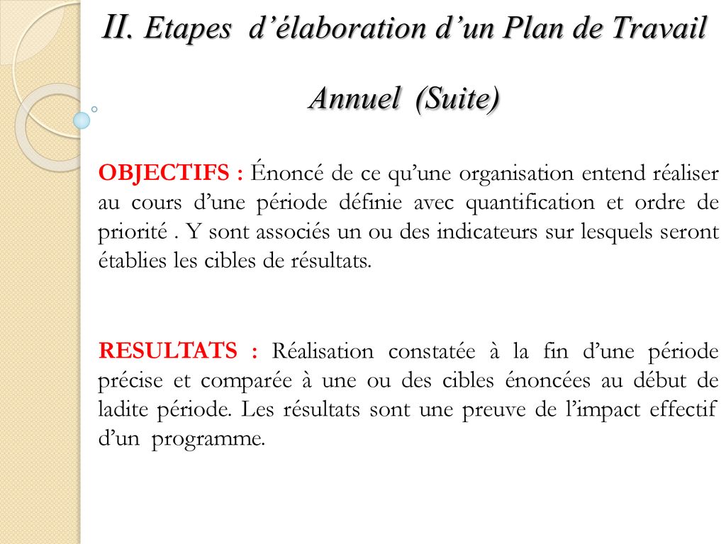 II. Etapes d’élaboration d’un Plan de Travail Annuel (Suite)