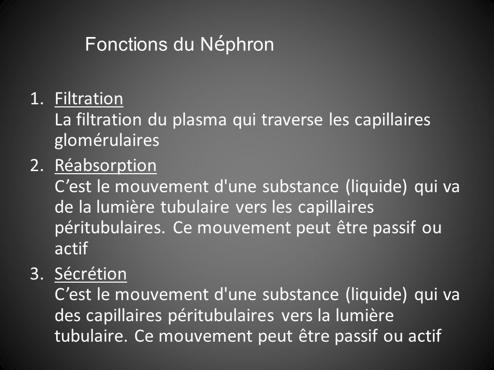 Fonctions du Néphron Filtration La filtration du plasma qui traverse les capillaires glomérulaires.