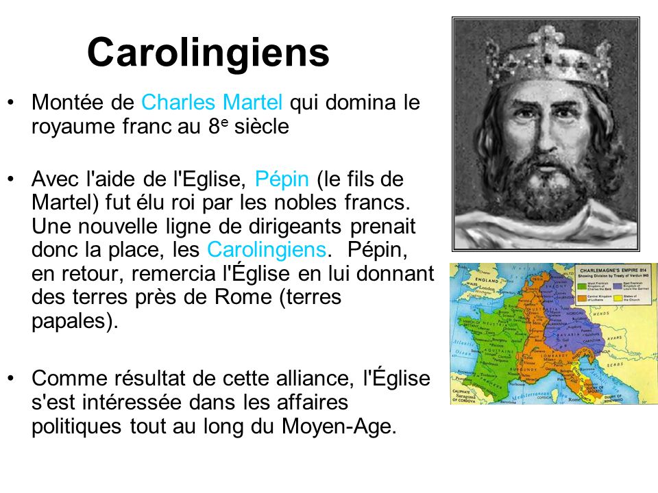 Carolingiens Montée de Charles Martel qui domina le royaume franc au 8e siècle.