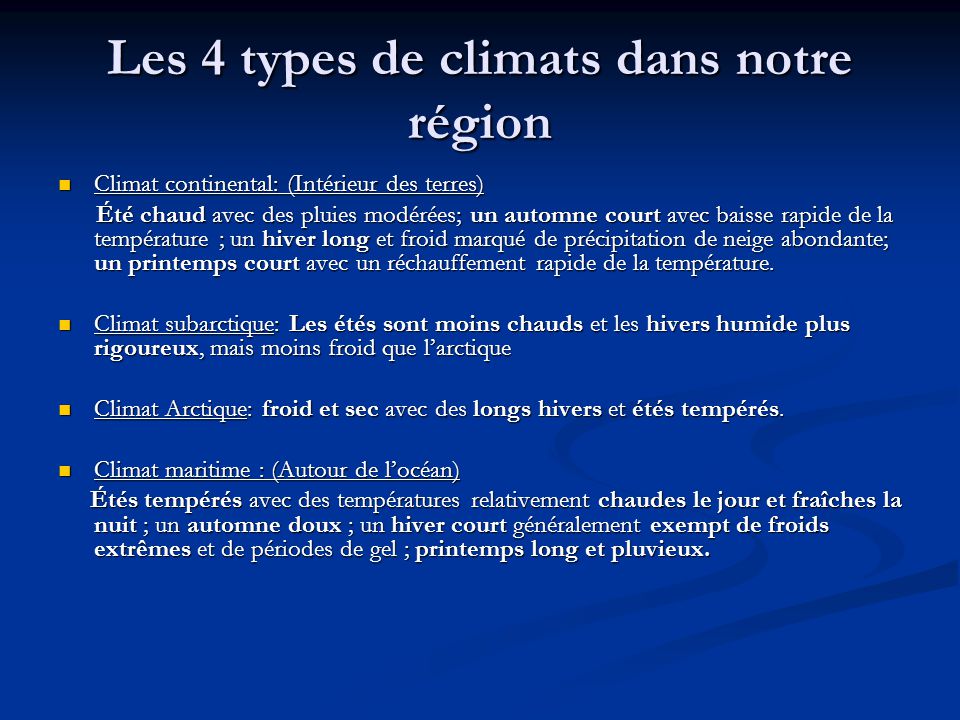 Les 4 types de climats dans notre région