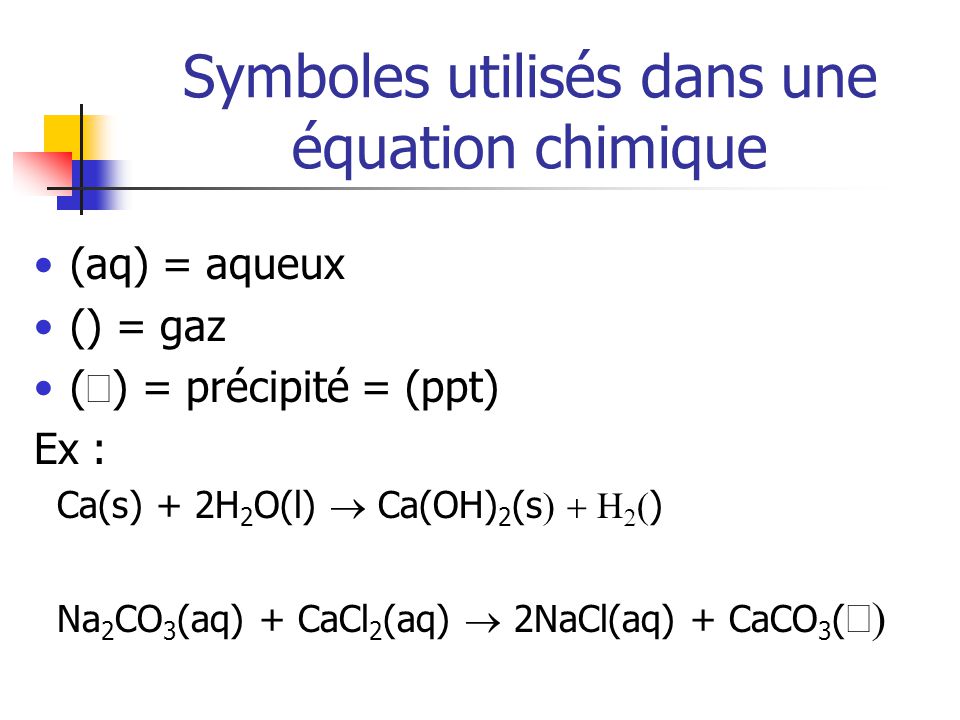 Symboles utilisés dans une équation chimique