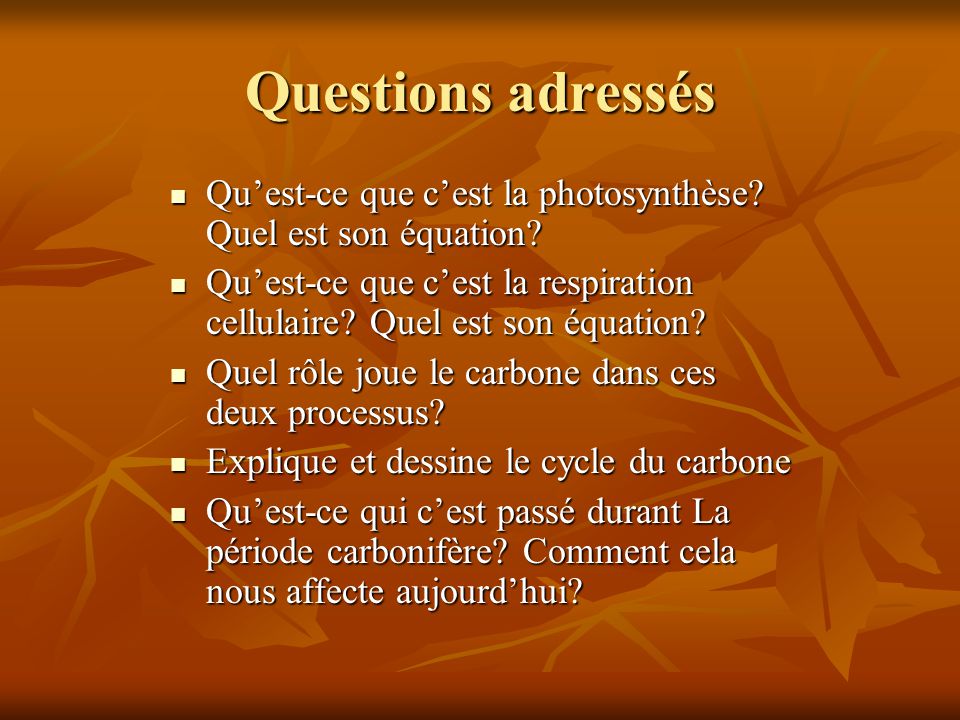 Questions adressés Qu’est-ce que c’est la photosynthèse Quel est son équation