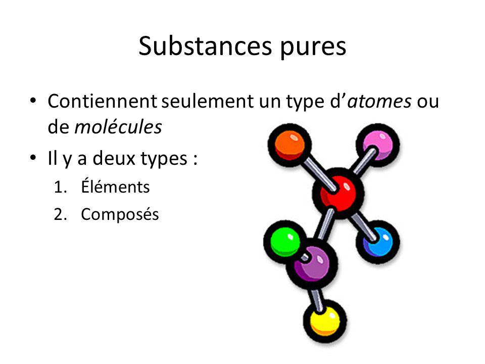 Substances pures Contiennent seulement un type d’atomes ou de molécules. Il y a deux types : Éléments.