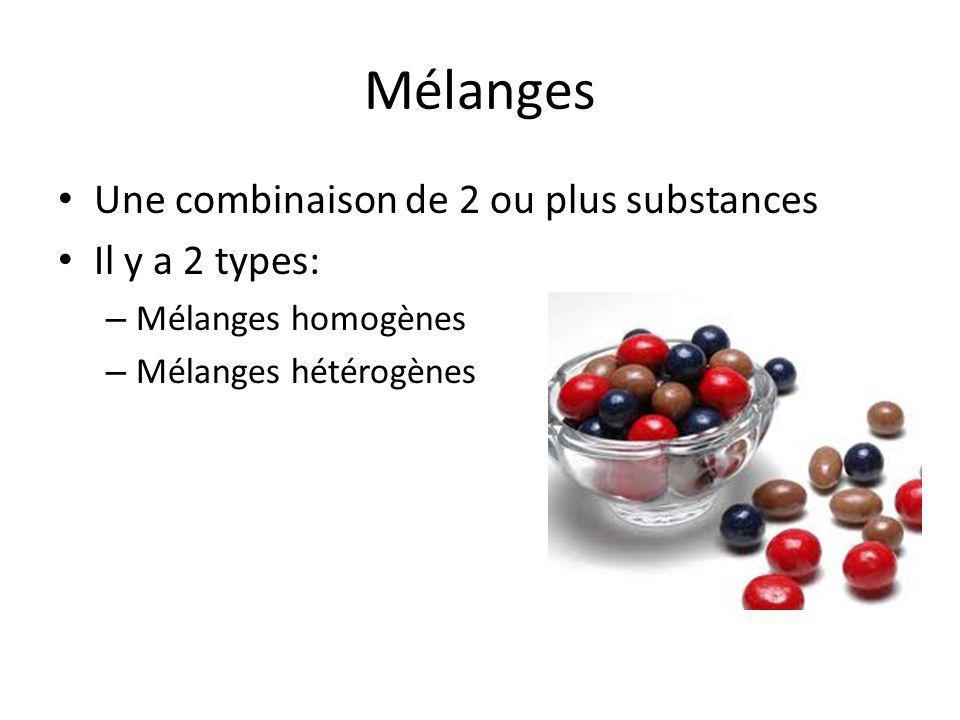 Mélanges Une combinaison de 2 ou plus substances Il y a 2 types:
