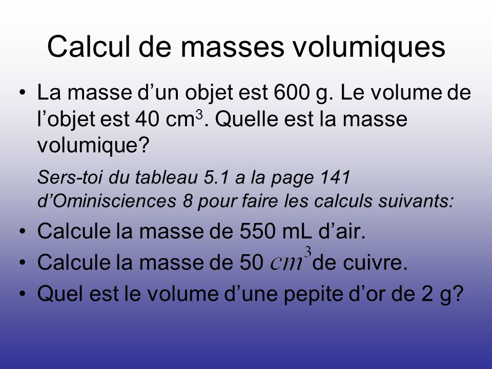 Calcul de masses volumiques