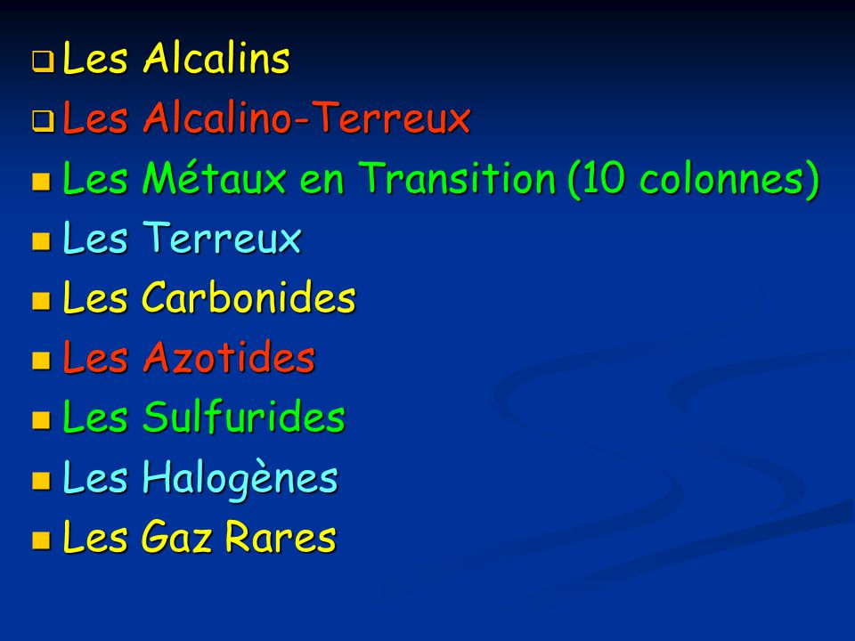 Les Alcalins Les Alcalino-Terreux. Les Métaux en Transition (10 colonnes) Les Terreux. Les Carbonides.