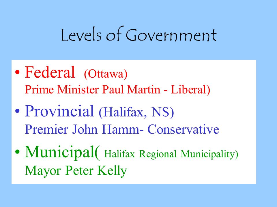 Levels of Government Federal (Ottawa) Prime Minister Paul Martin - Liberal)