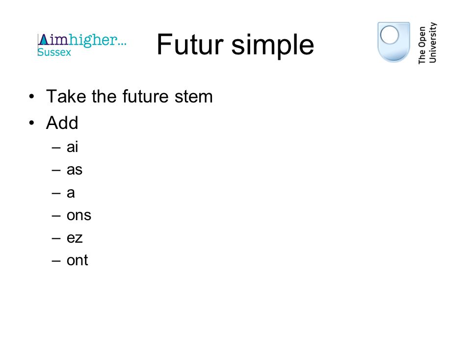 Futur simple Take the future stem Add ai as a ons ez ont