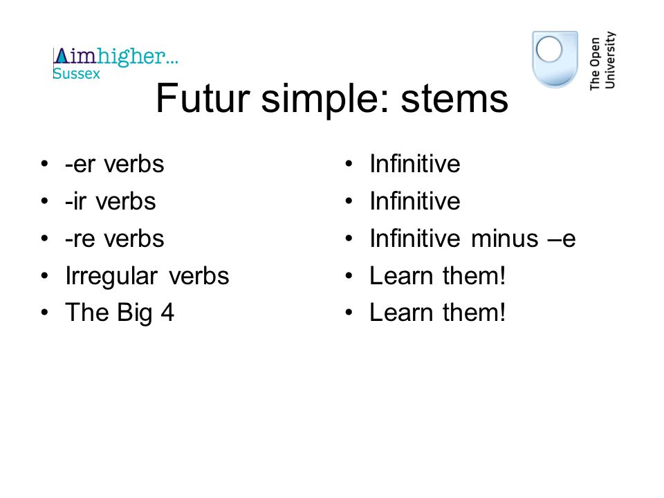 Futur simple: stems -er verbs -ir verbs -re verbs Irregular verbs