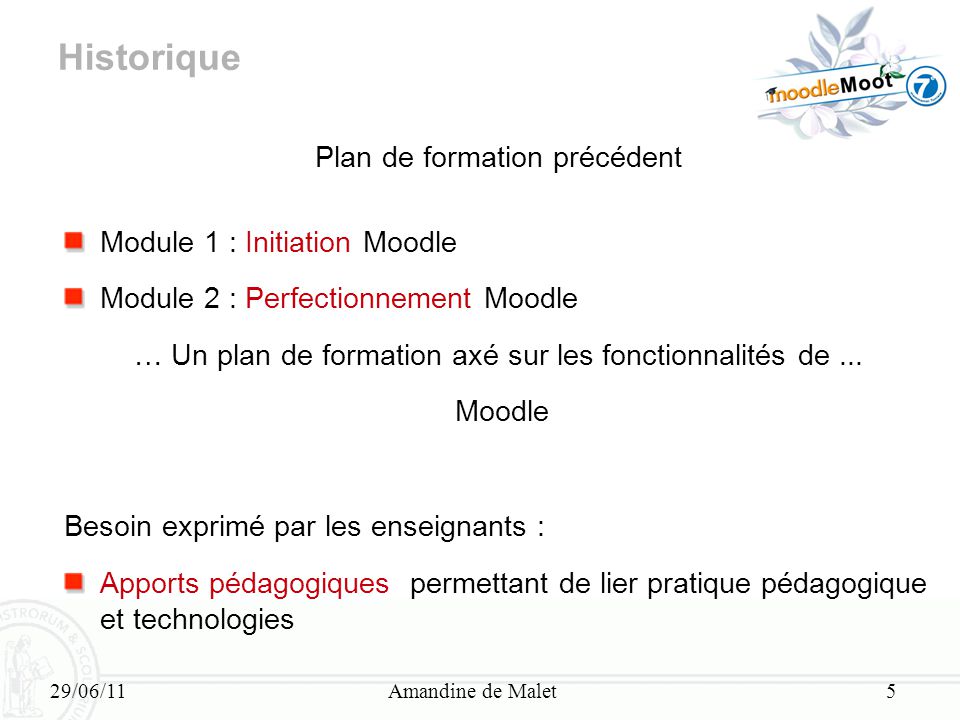 Historique Plan de formation précédent Module 1 : Initiation Moodle