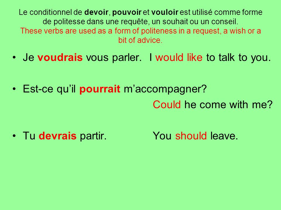 Je voudrais vous parler. I would like to talk to you.