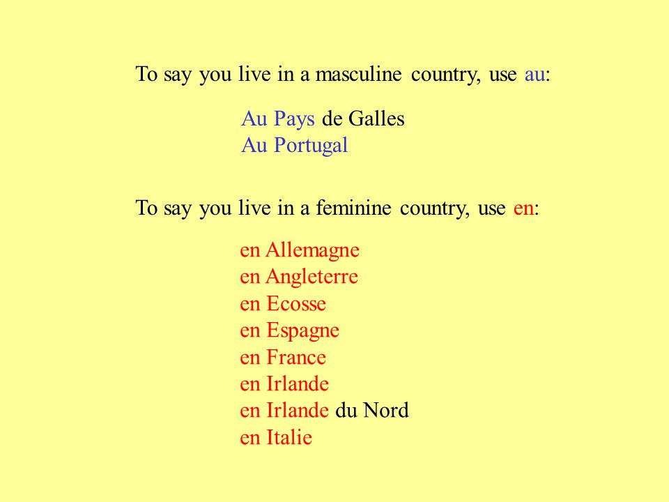 To say you live in a masculine country, use au: