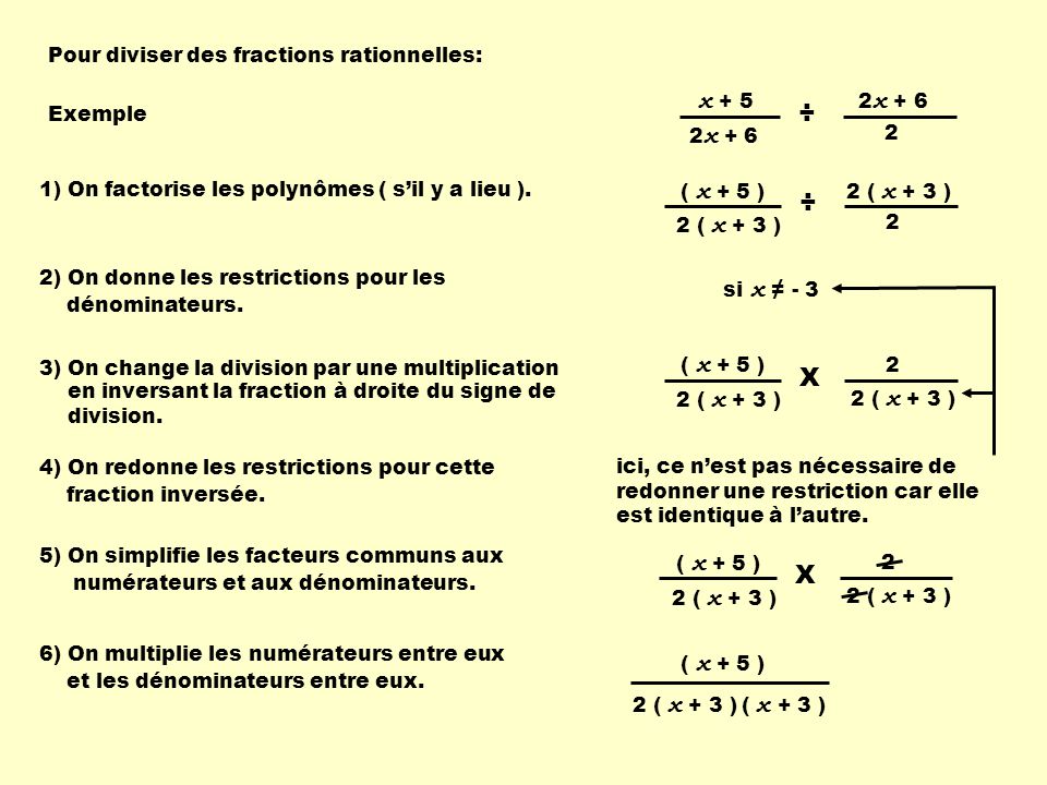 ÷ ÷ X X Pour diviser des fractions rationnelles: 2 2x + 6 x + 5
