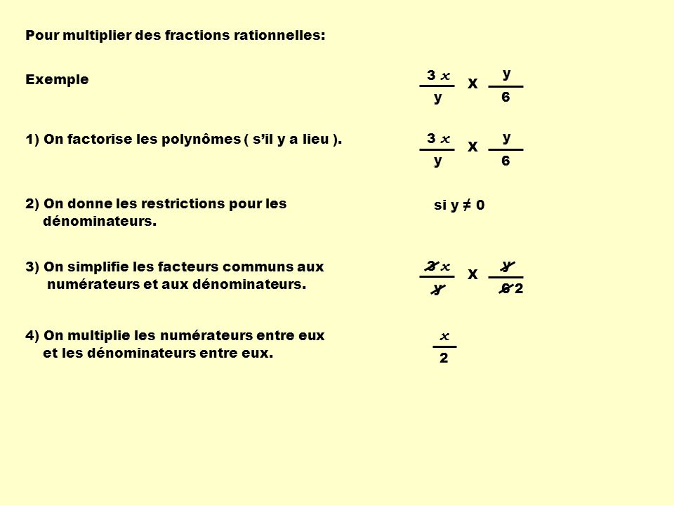 x Pour multiplier des fractions rationnelles: Exemple 3 x y X 6