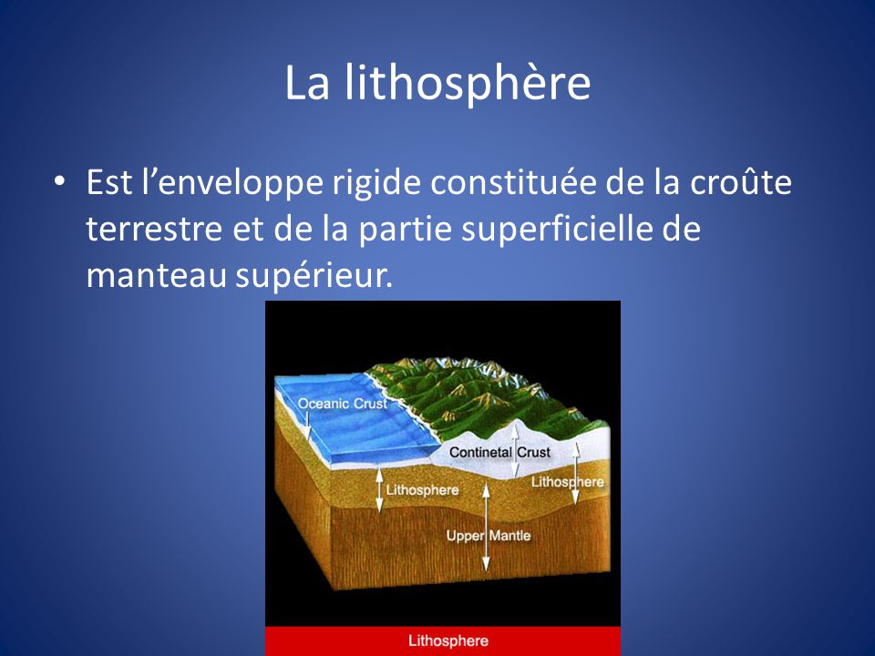 La lithosphère Est l’enveloppe rigide constituée de la croûte terrestre et de la partie superficielle de manteau supérieur.