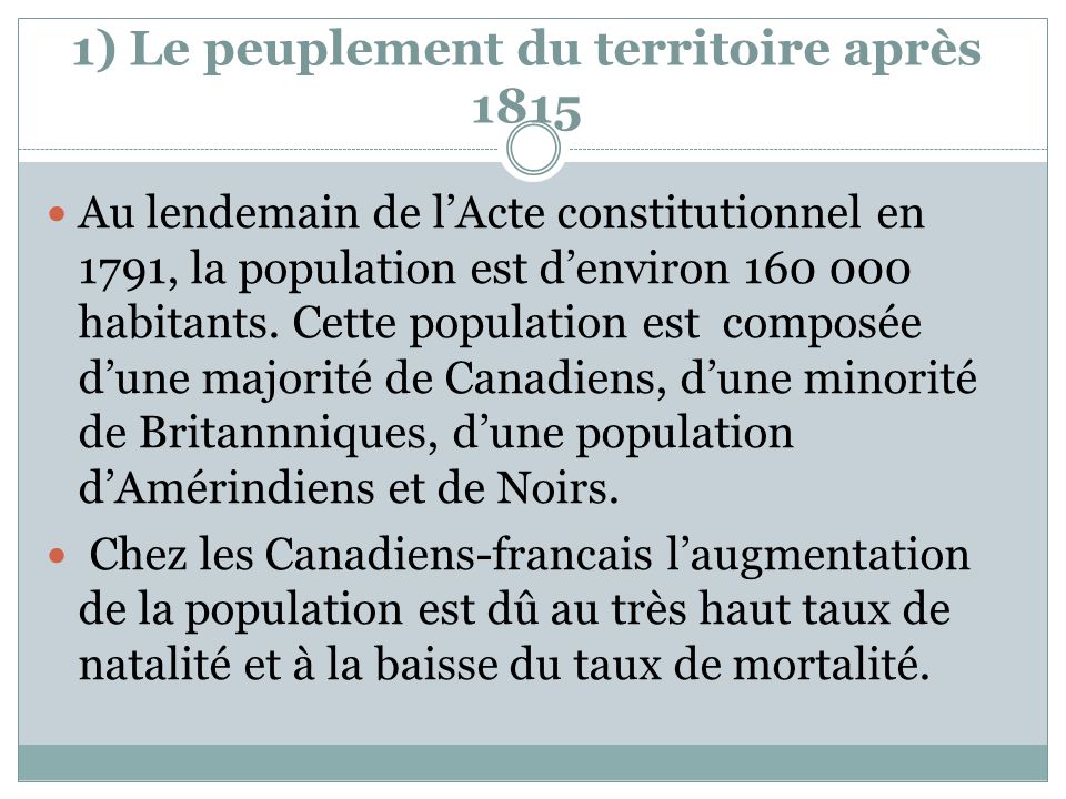 1) Le peuplement du territoire après 1815