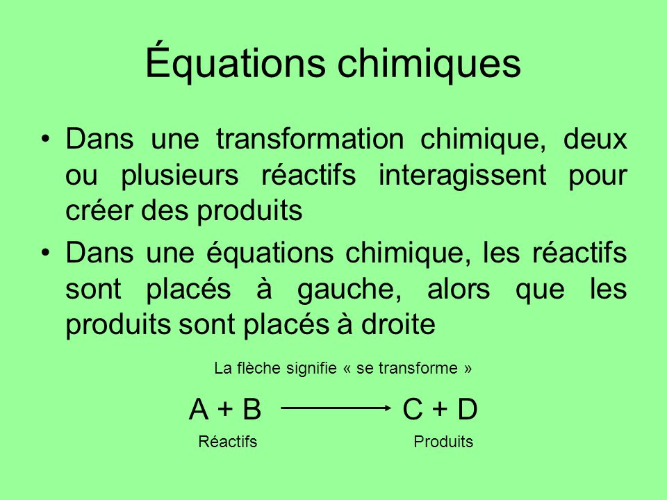 Équations chimiques Dans une transformation chimique, deux ou plusieurs réactifs interagissent pour créer des produits.