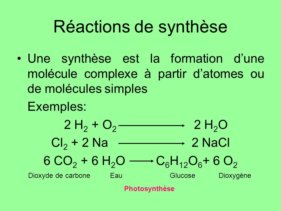 Réactions de synthèse Une synthèse est la formation d’une molécule complexe à partir d’atomes ou de molécules simples.