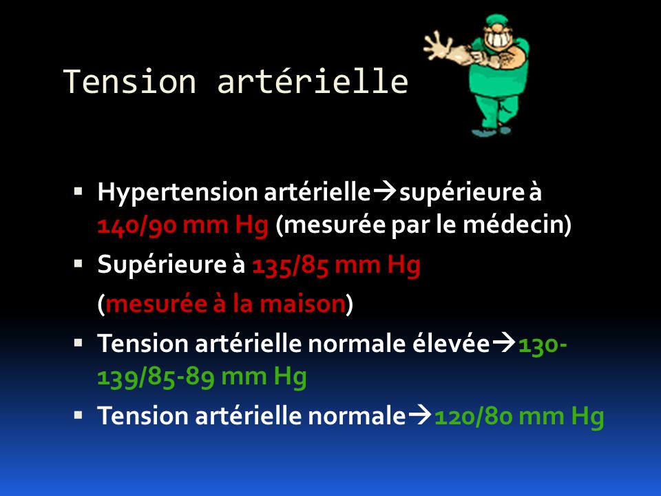 Tension artérielle Hypertension artériellesupérieure à 140/90 mm Hg (mesurée par le médecin) Supérieure à 135/85 mm Hg.