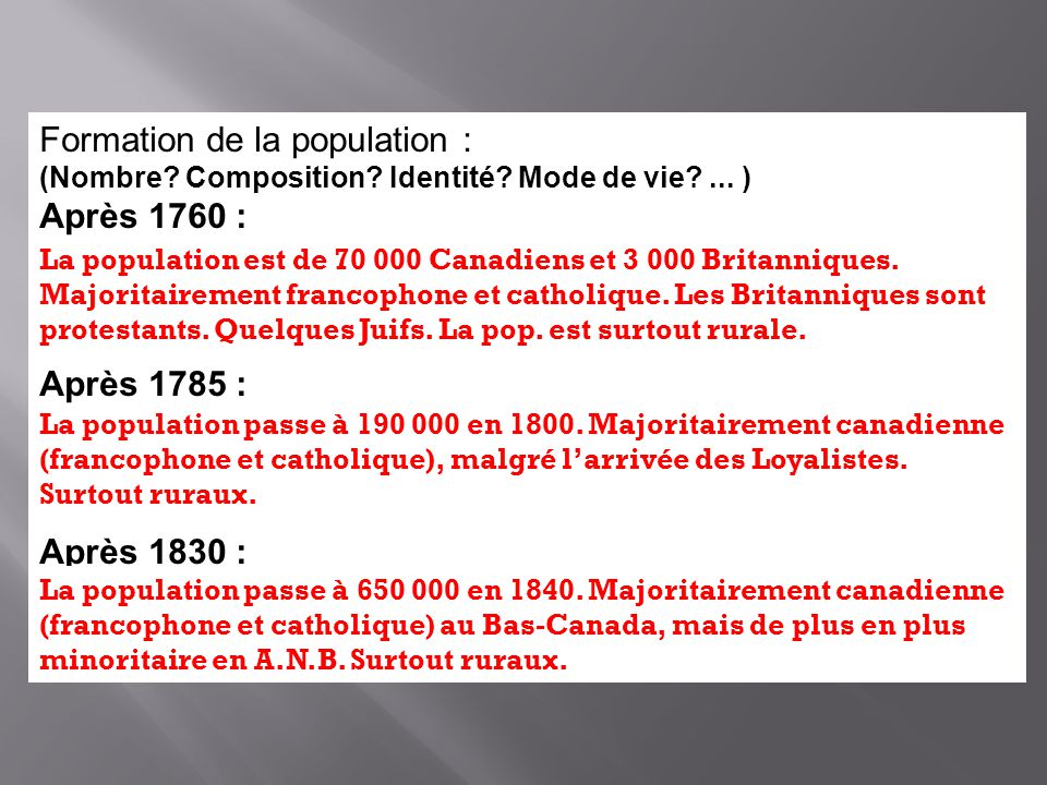 Formation de la population : Après 1760 :