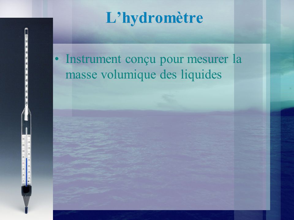 L’hydromètre Instrument conçu pour mesurer la masse volumique des liquides
