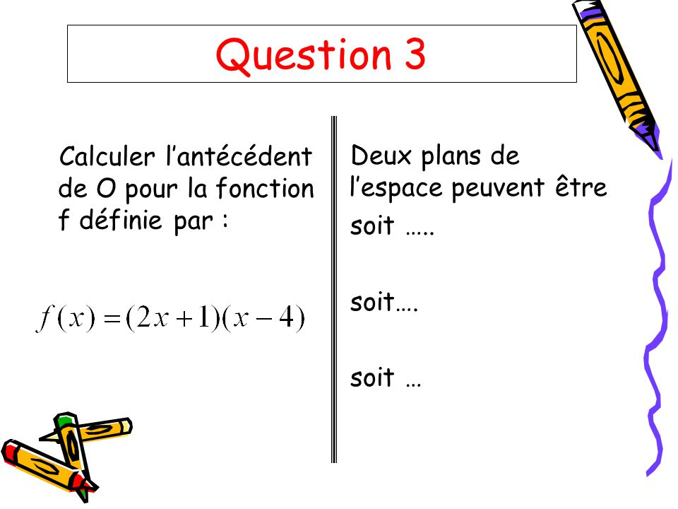 Question 3 Calculer l’antécédent de O pour la fonction f définie par :
