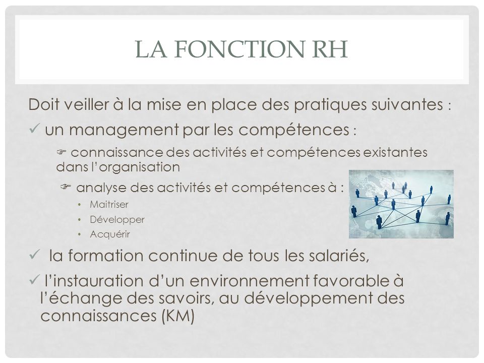 La fonction RH Doit veiller à la mise en place des pratiques suivantes : un management par les compétences :