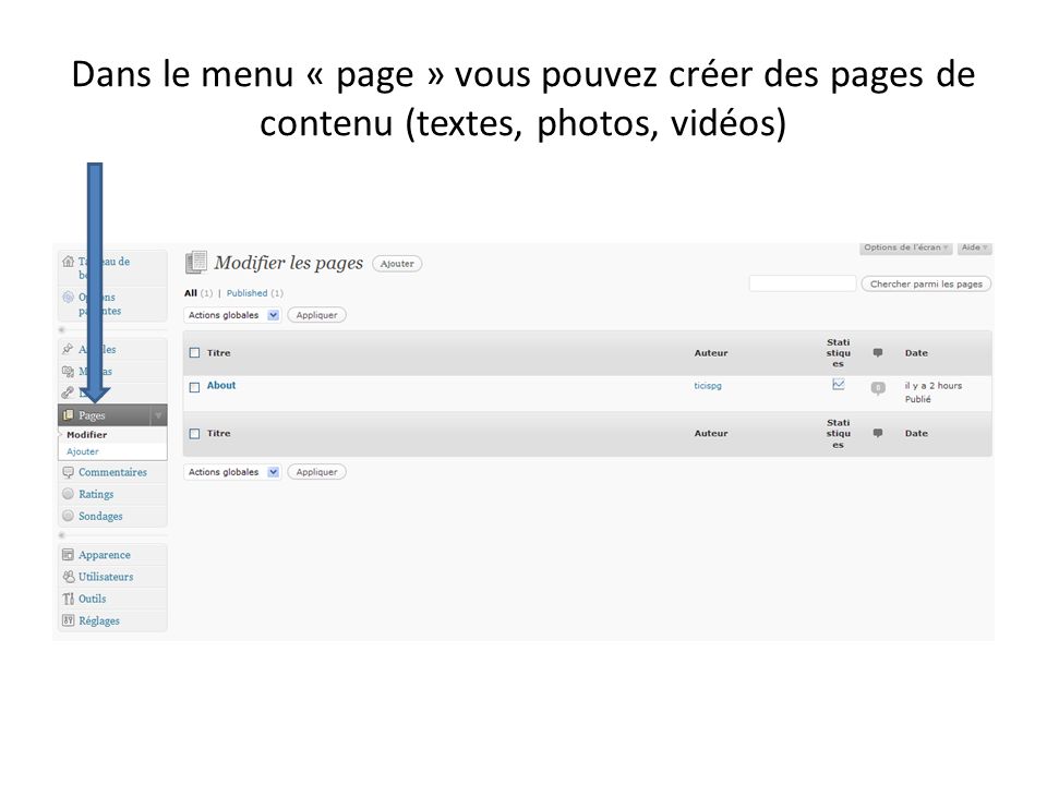 Dans le menu « page » vous pouvez créer des pages de contenu (textes, photos, vidéos)