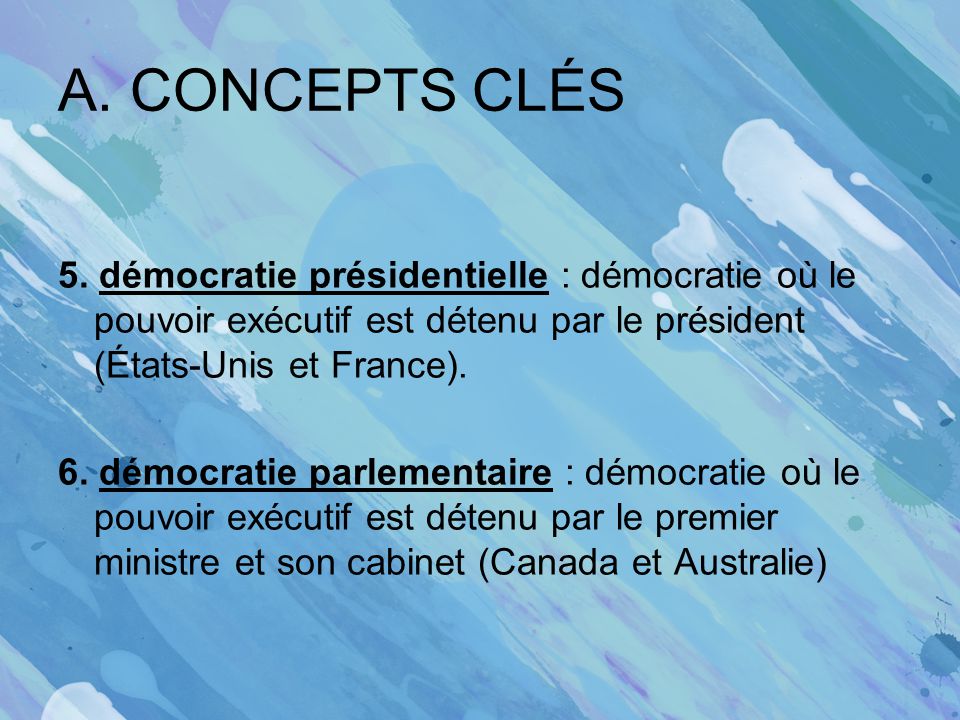 A. CONCEPTS CLÉS 5. démocratie présidentielle : démocratie où le pouvoir exécutif est détenu par le président (États-Unis et France).
