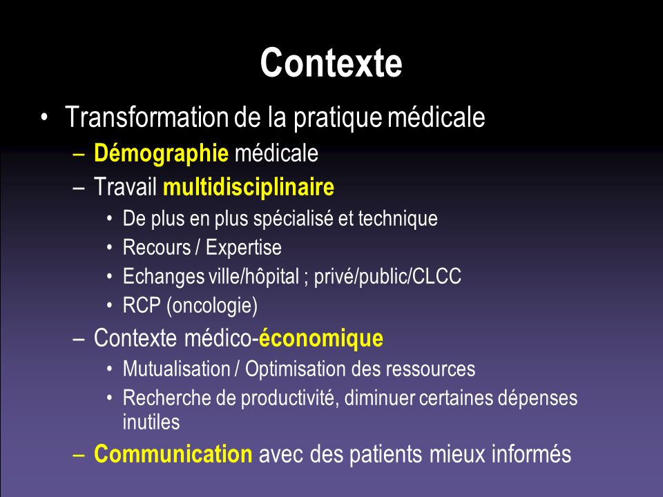 Contexte Transformation de la pratique médicale Démographie médicale