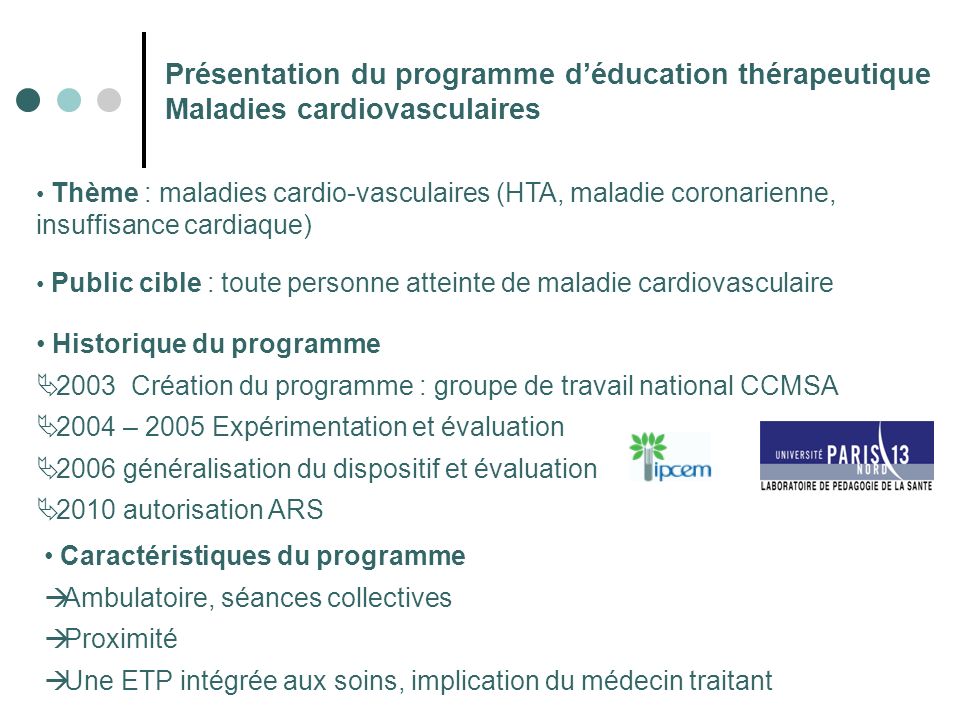 Présentation du programme d’éducation thérapeutique Maladies cardiovasculaires