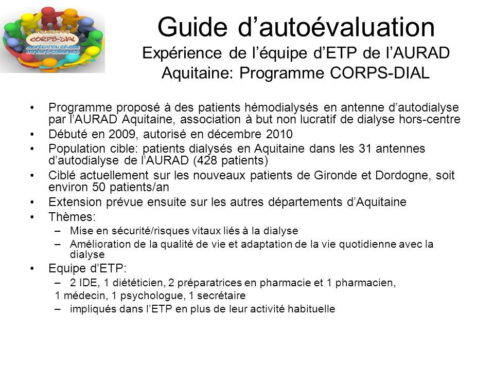 Guide d’autoévaluation Expérience de l’équipe d’ETP de l’AURAD Aquitaine: Programme CORPS-DIAL