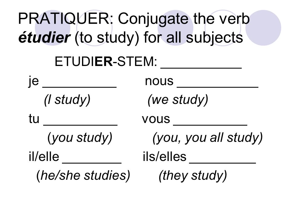 PRATIQUER: Conjugate the verb étudier (to study) for all subjects
