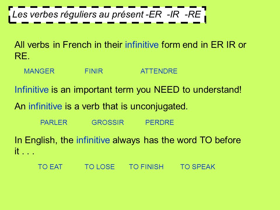 Les verbes réguliers au présent -ER -IR -RE