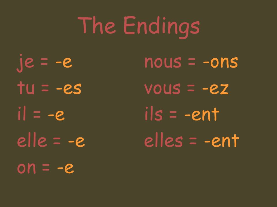 The Endings je = -e tu = -es il = -e elle = -e on = -e