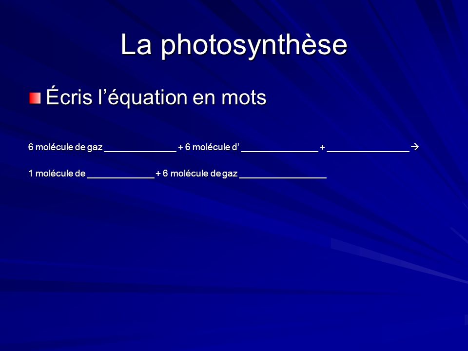 La photosynthèse Écris l’équation en mots