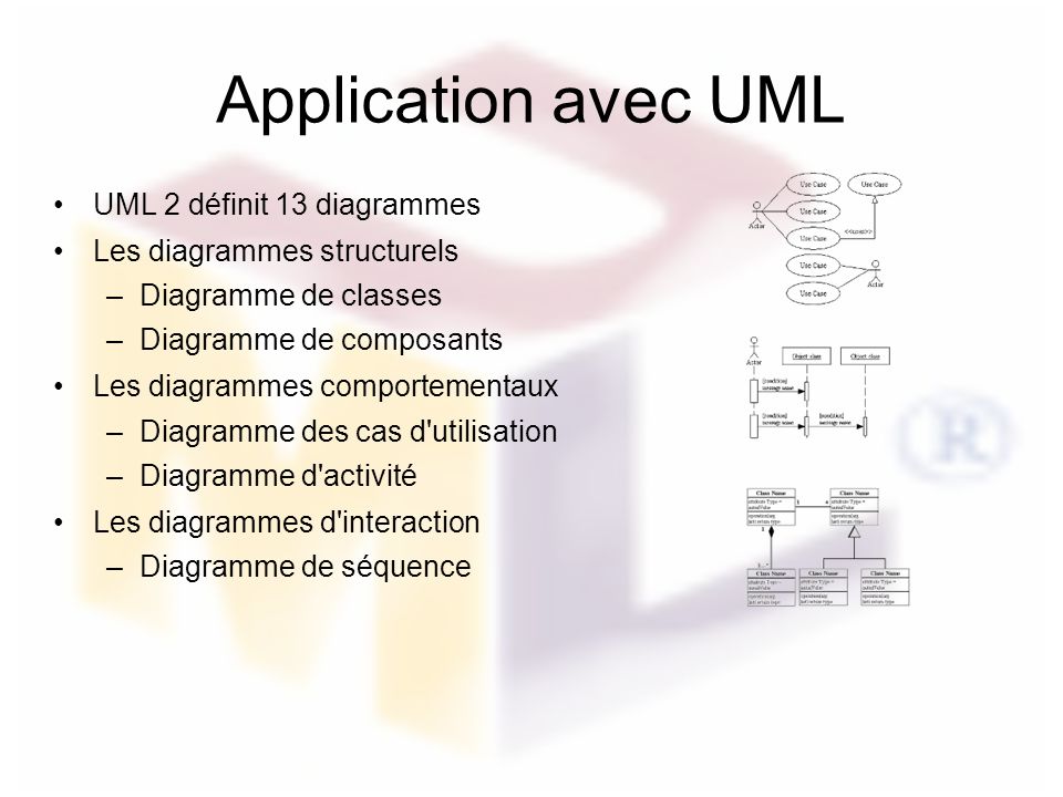 Application avec UML UML 2 définit 13 diagrammes