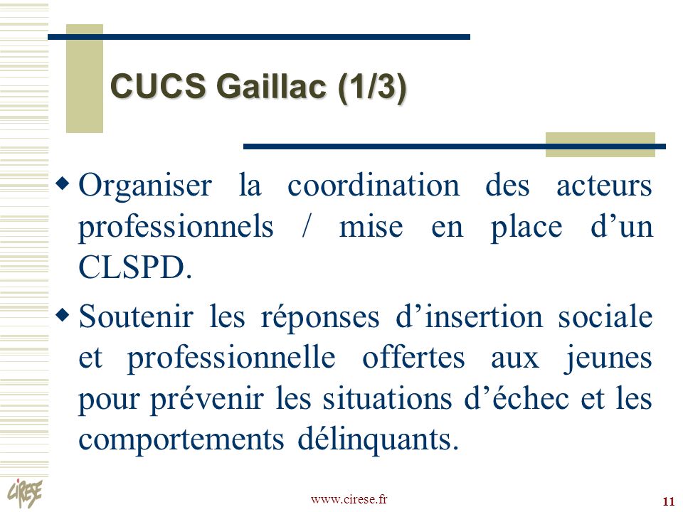 CUCS Gaillac (1/3) Organiser la coordination des acteurs professionnels / mise en place d’un CLSPD.