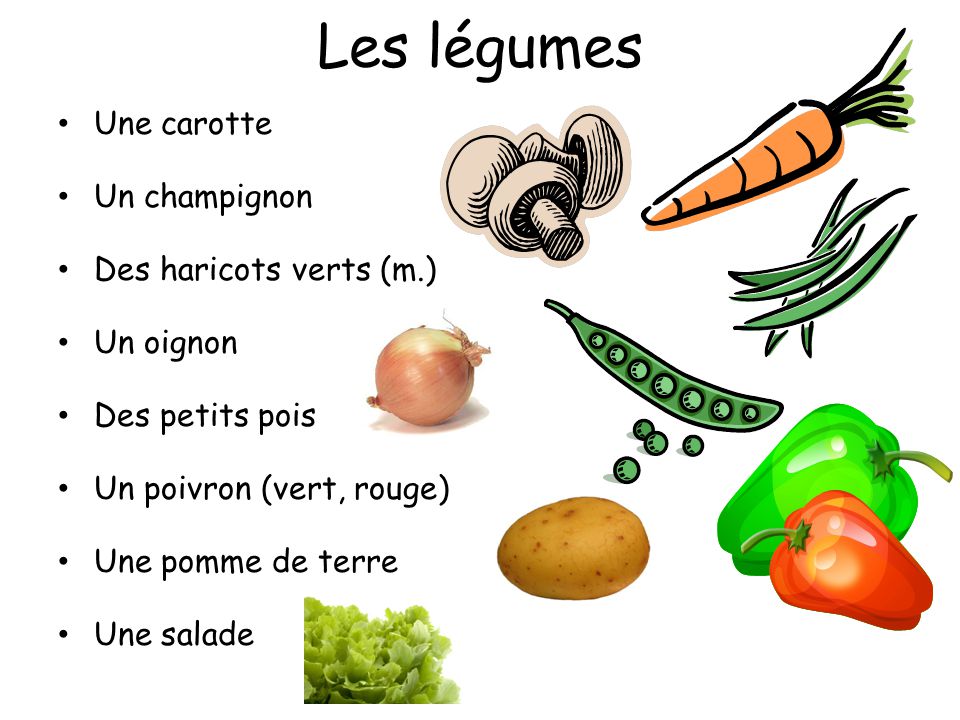 Les légumes Une carotte Un champignon Des haricots verts (m.)