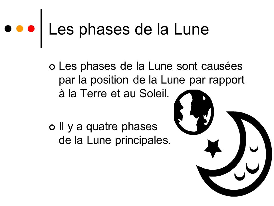 Les phases de la Lune Les phases de la Lune sont causées par la position de la Lune par rapport à la Terre et au Soleil.